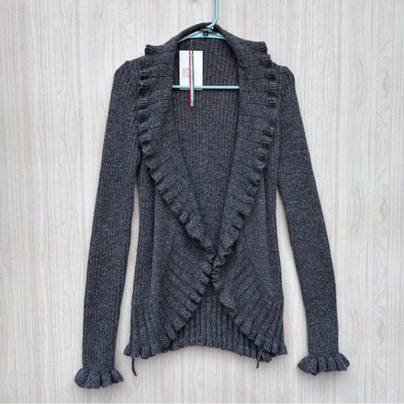 Elisabetta Collection Size M Gray Wool Blend Open Cardigan Sweater Ruffle - Picture 1 of 15
